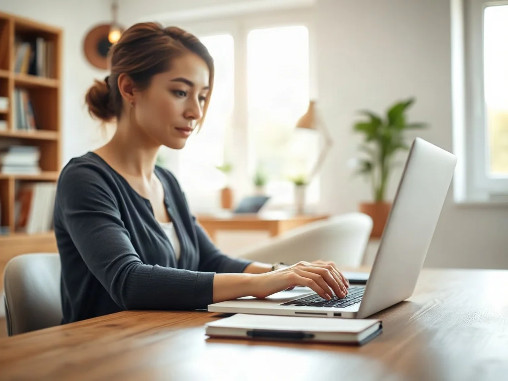 Kobieta pracująca na laptopie w jasnym, minimalistycznym biurze domowym, skupiona na edycji dokumentu przy biurku.