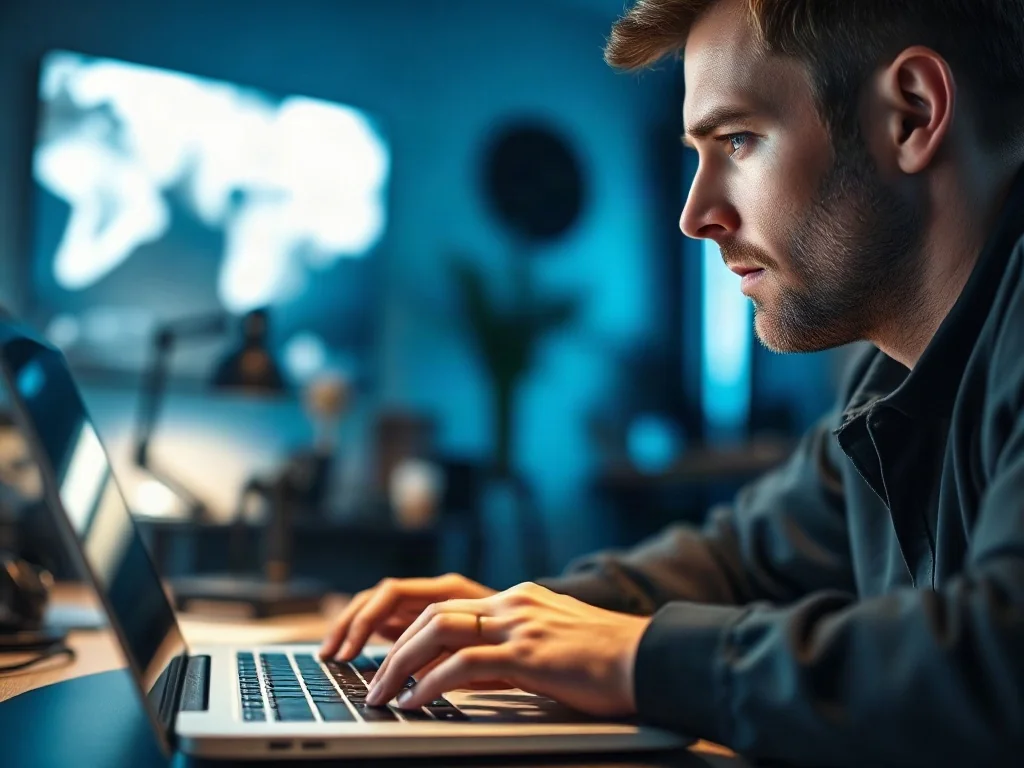 Mężczyzna skupiony na pracy przy laptopie w nowoczesnym biurze domowym.