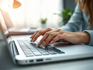 Kobieta w biurze wybiera opcję z listy rozwijanej w arkuszu kalkulacyjnym na ekranie laptopa.