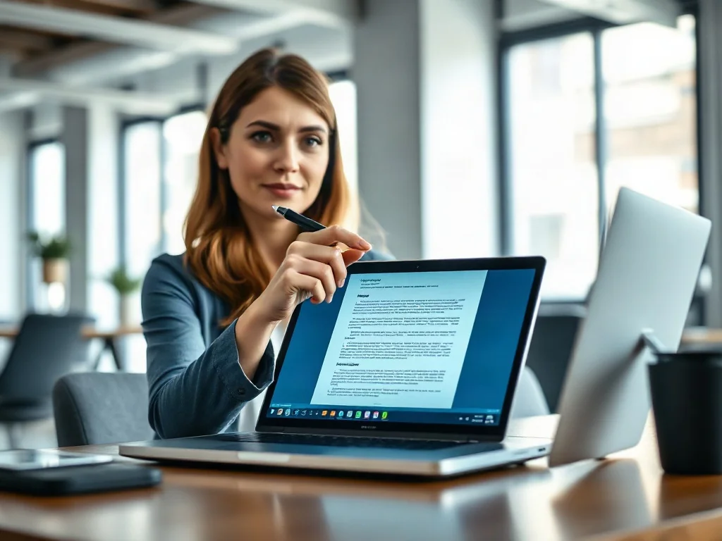Kobieta wskazuje długopisem na ekran laptopa z otwartym dokumentem w jasnym, profesjonalnym biurze.
