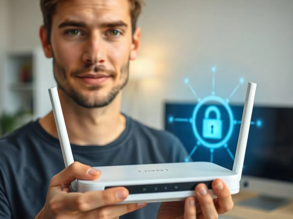 Mężczyzna trzyma nowoczesny router Wi-Fi w minimalistycznym biurze, a w tle widoczna jest ikona kłódki symbolizująca bezpieczeństwo.