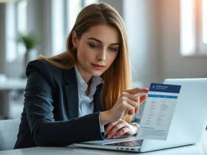 Kobieta pracująca przy laptopie w nowoczesnym biurze, edytująca dokument tekstowy w programie Word.