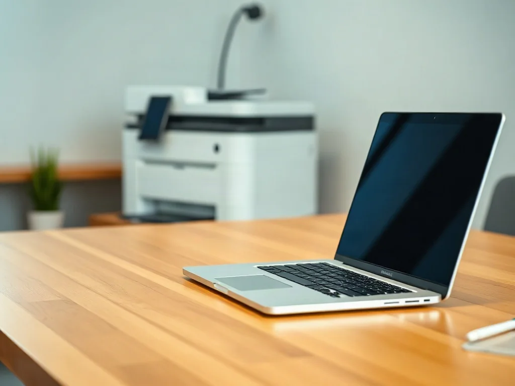 Nowoczesny laptop na biurku obok bezprzewodowej drukarki, ilustrujący proces konfiguracji sprzętu w domowym biurze.