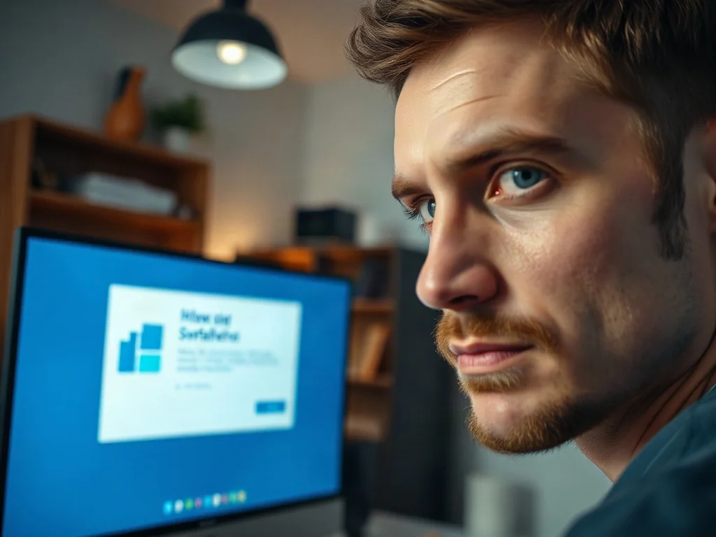 Mężczyzna skupiony na ekranie komputera podczas instalacji systemu Windows w nowoczesnym domowym biurze.