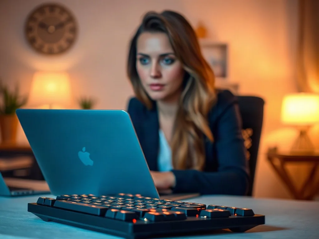Kobieta pracująca przy laptopie z podświetlaną klawiaturą w przytulnym domowym biurze.