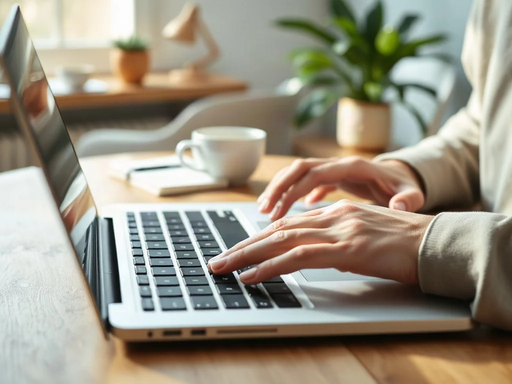 Dłonie piszące na klawiaturze laptopa w jasnym, minimalistycznym biurze, ilustrujące pracę nad dokumentem w programie Word.