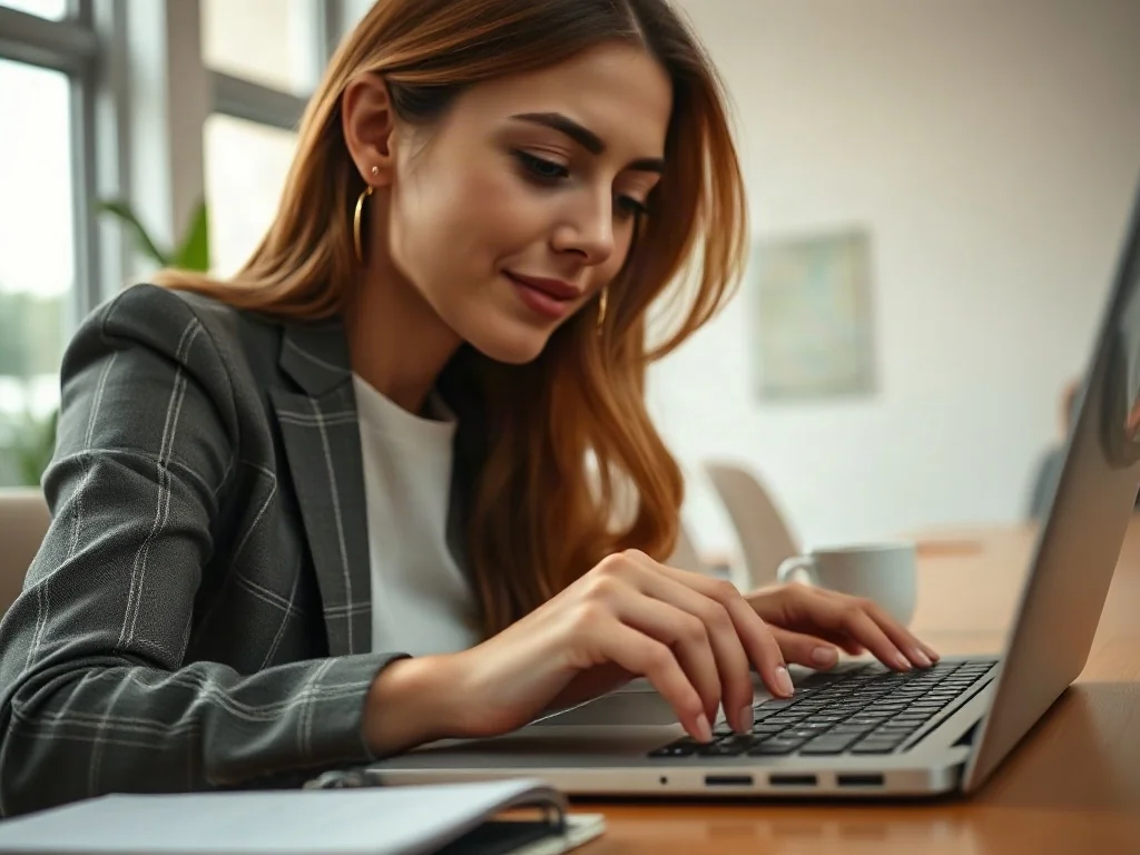 Kobieta pracująca przy laptopie w biurze, skupiona na edycji dokumentu tekstowego.