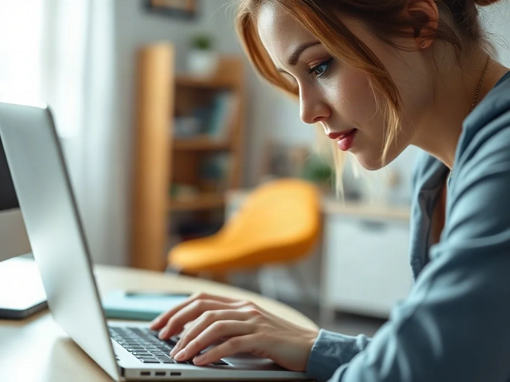 Kobieta pracująca przy laptopie w nowoczesnym biurze domowym, skupiona na edycji tekstu.